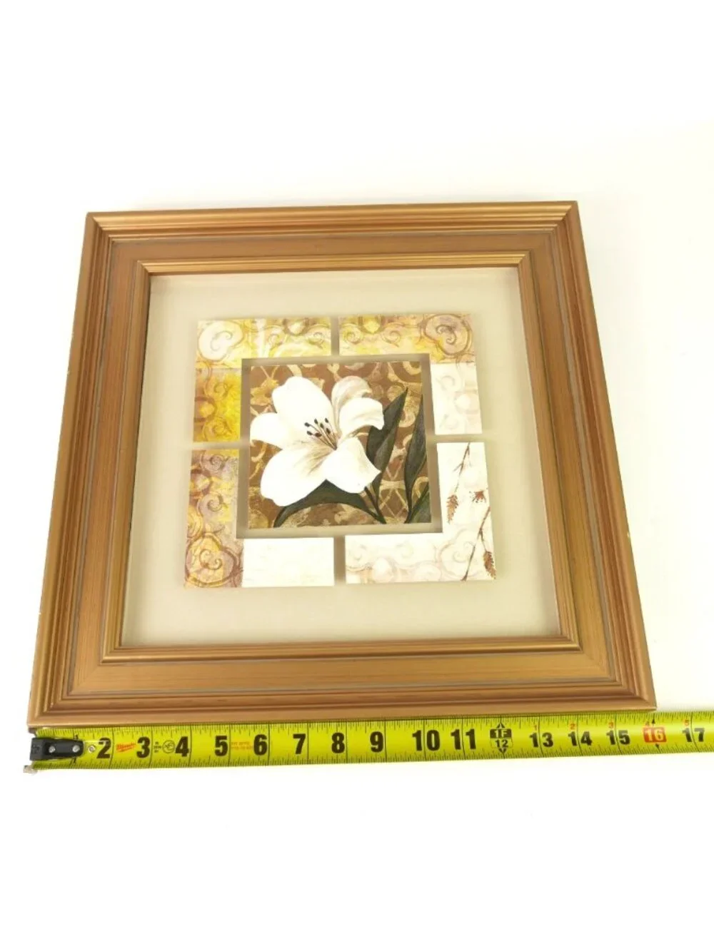 Vintage White Lily Floral Wall Art Collage Print Gold Color Frame 16” Square